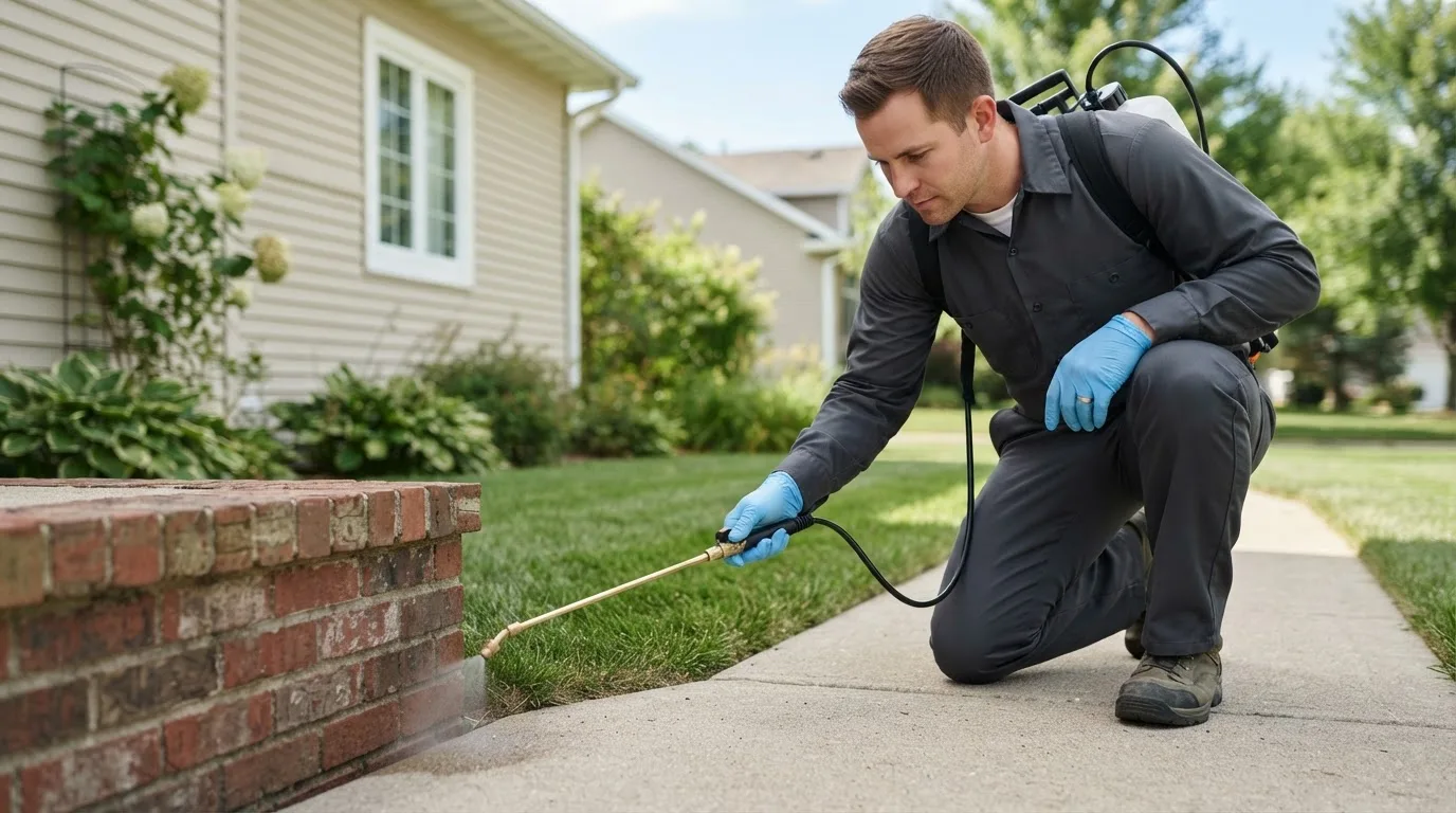 Pest control technician treating a home near Aliceville, AL